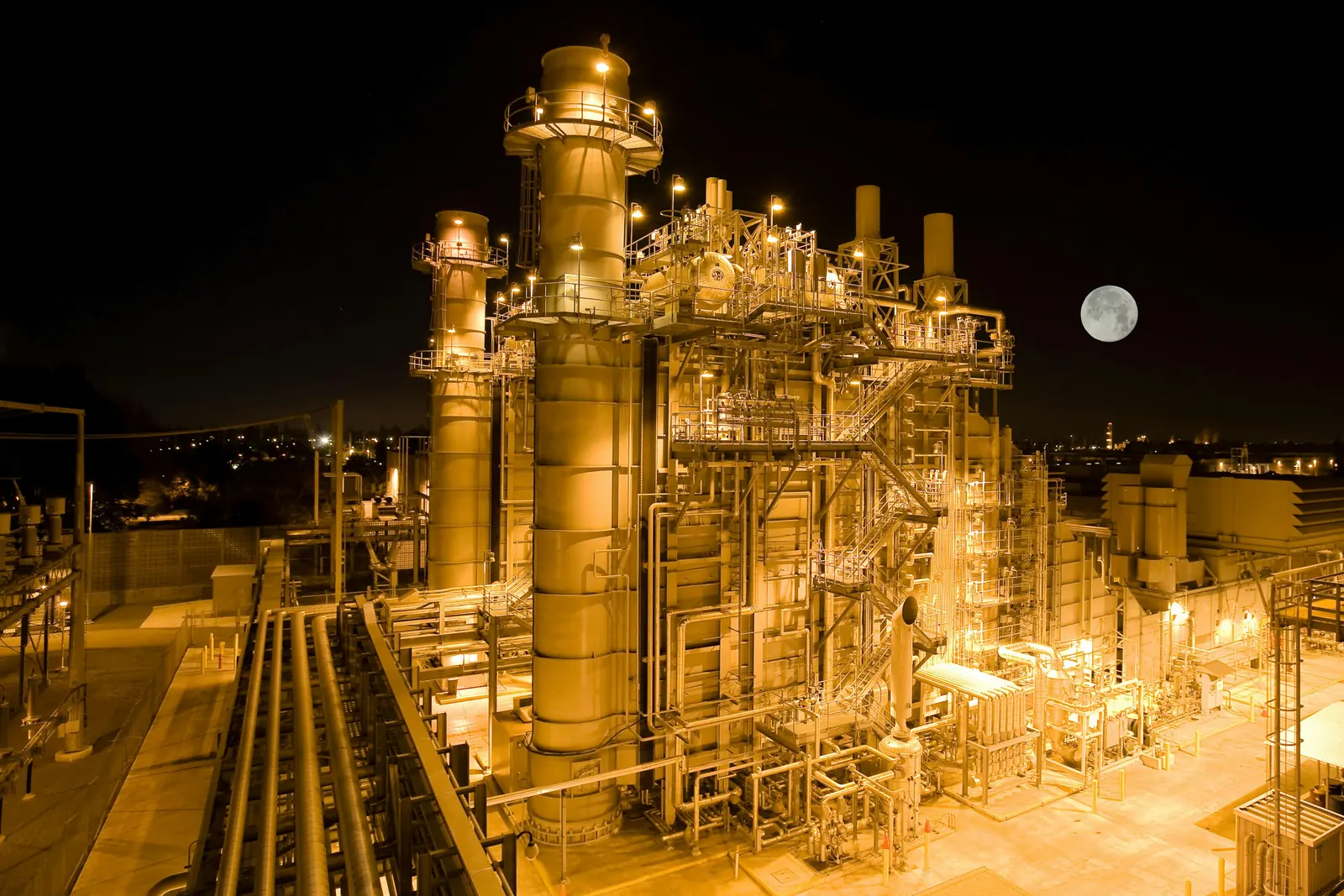 Power-generation plant illuminated at night